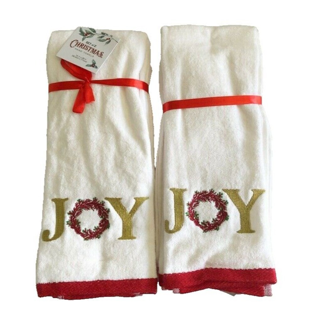 Christmas Joy Wreath Hand Towels Holiday Embroidered White Gold Winter Set of 2
